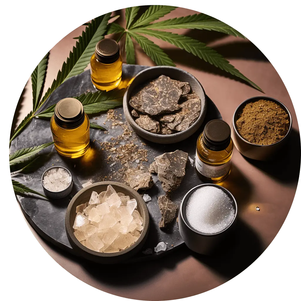 Kristalline CBD-Extrakte in einem Glasbehälter.