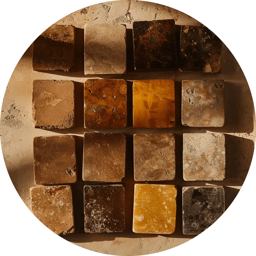 Eine Reihe von gepressten und Bubble-Haschisch-Blöcken in natürlichen Dunkelbraun- bis goldenen Bernsteintönen